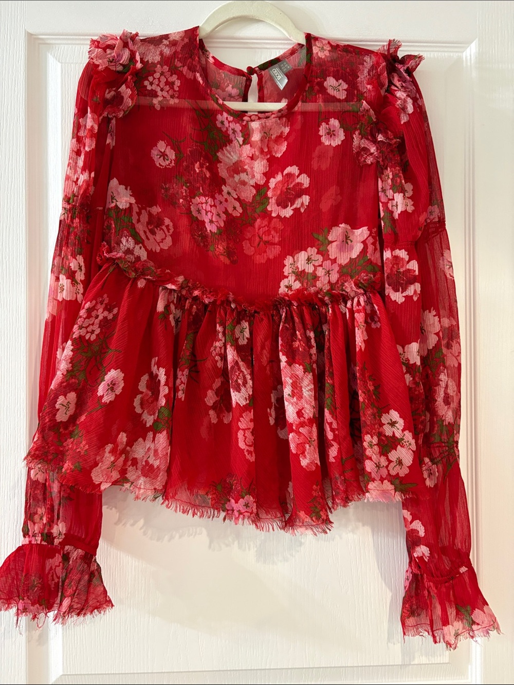 ASOS Red Floral Ruffled Peplum Blouse
